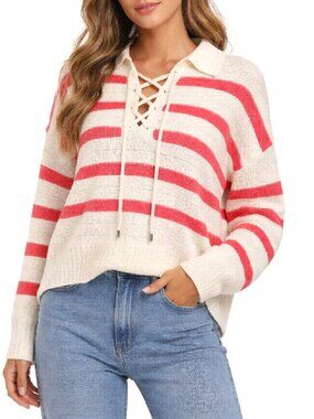 Greiger Cotton Blend Womens Red and Ivory Stripe Sweater Size L New w/Tags